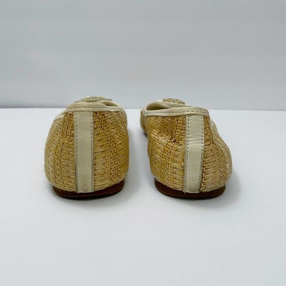 Tory Burch Reva Raffia Ballet Flats 10 Straw Cream Leather - Picture 5 of 10